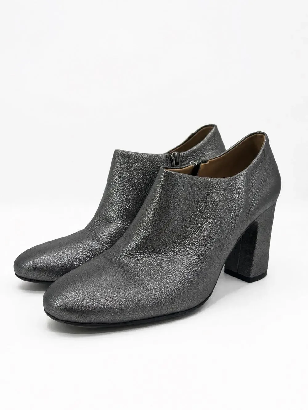 Naturalizer Womens 7.5 Metallic Pewter Gray Block Heel Ankle Booties